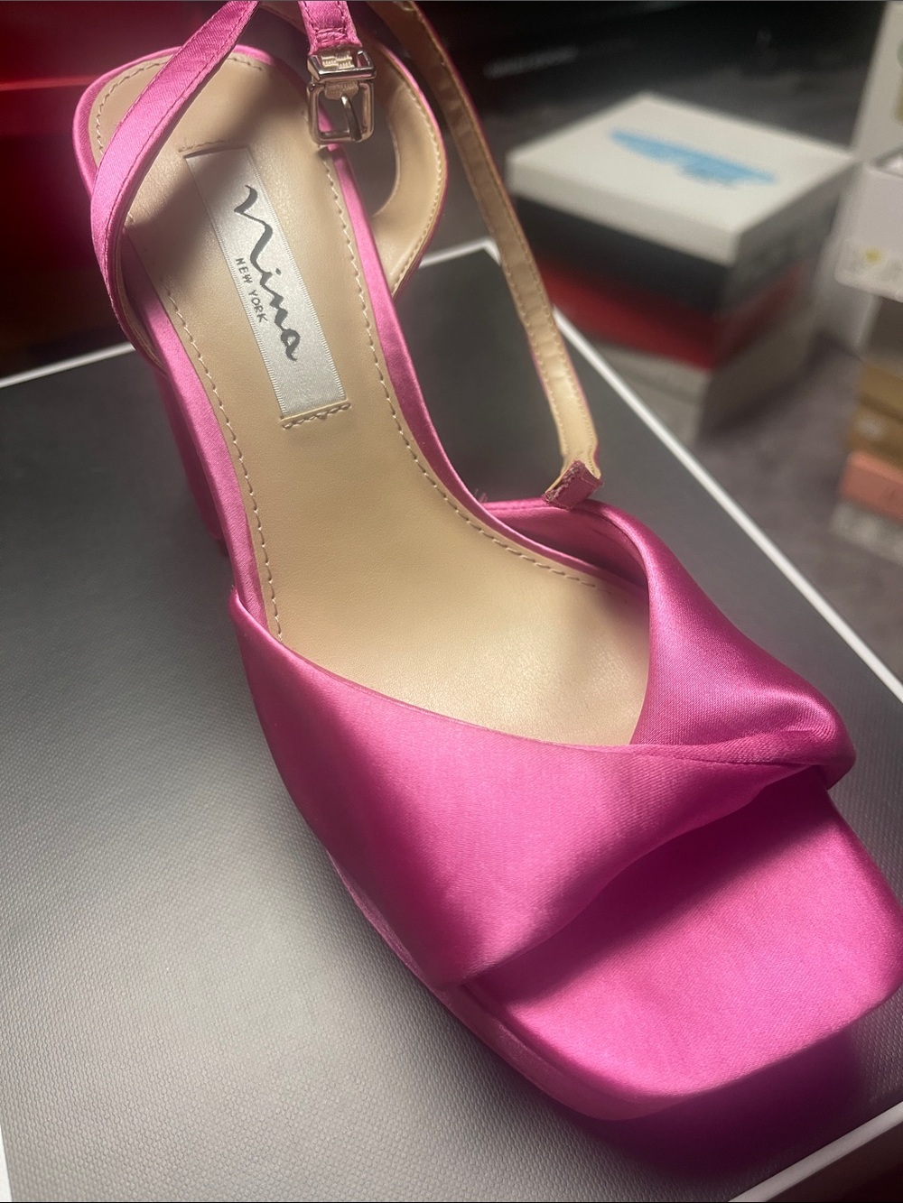 Nina Satin Hot Pink Block Heel Sandal with Ankle Strap - Picture 2 of 4
